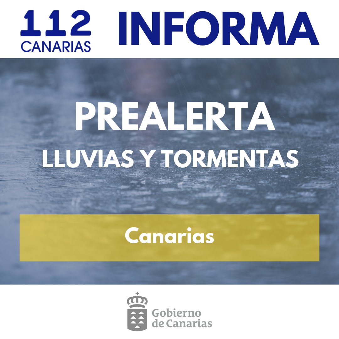 📢La Dirección General de Emergencias del Gobierno de Canarias declara #PrealertaLluvias y #PrealertaTormentas en todas las islas

🗓️Inicio: 15/11 - 14:00h

Más información y consejos ⬇️
www3.gobiernodecanarias.org/noticias/el-go…