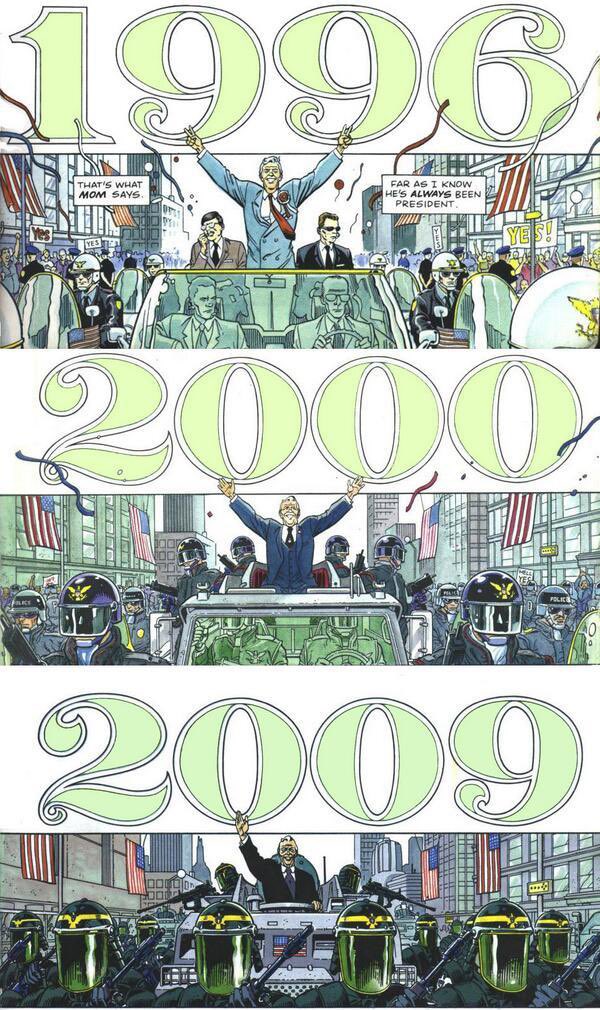 Vistos los nombramientos que está anunciando Trump no puedo menos que recomendar de nuevo Give Me Liberty de Frank Miller y Dave Gibbons. Es de 1990. Y cada vez parece menos ficción :S 

En España está editado por <a href="/NormaEditorial/">Norma Editorial</a>. normaeditorial.com/ficha/comic-am…