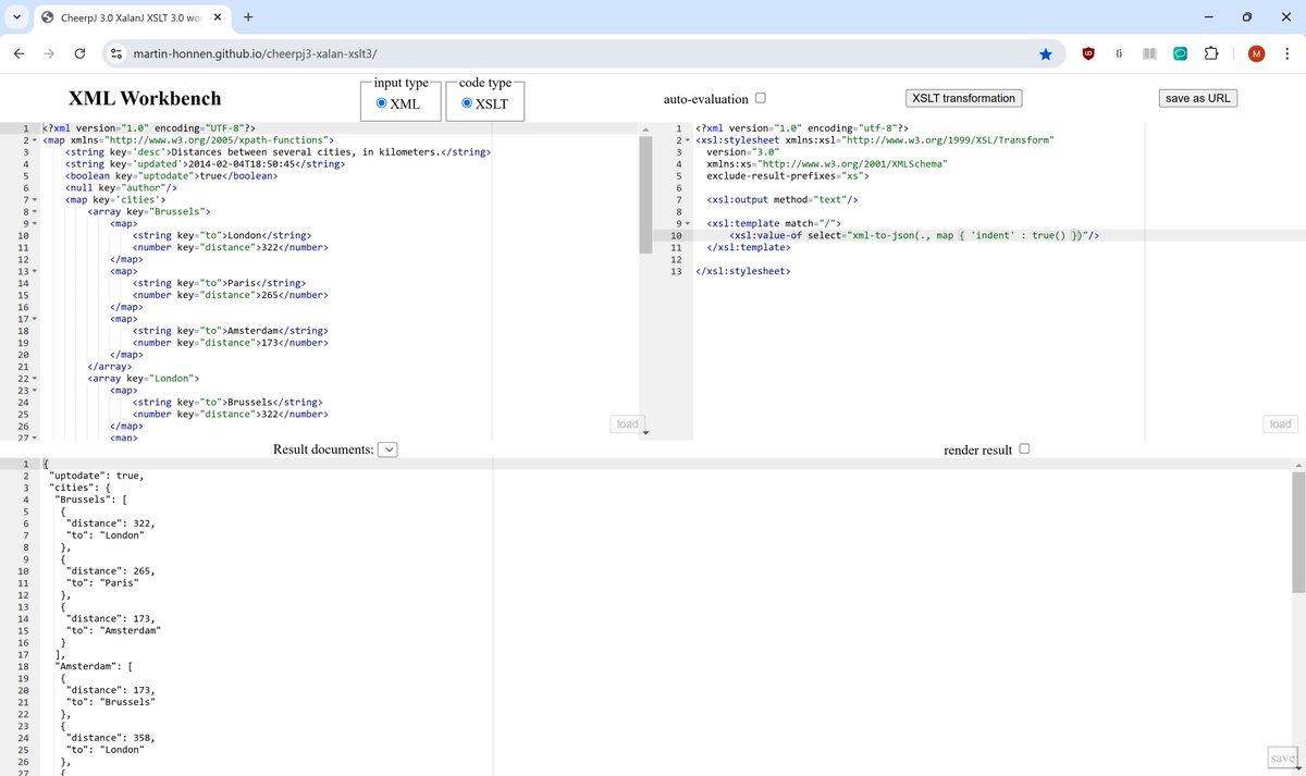 XSLT_knowmad's tweet photo. xml-to-json working in the experimental #CheerpJ 3 powered Apache #Xalan #XSLT 3 development branch: https://t.co/9g3htB6XOU