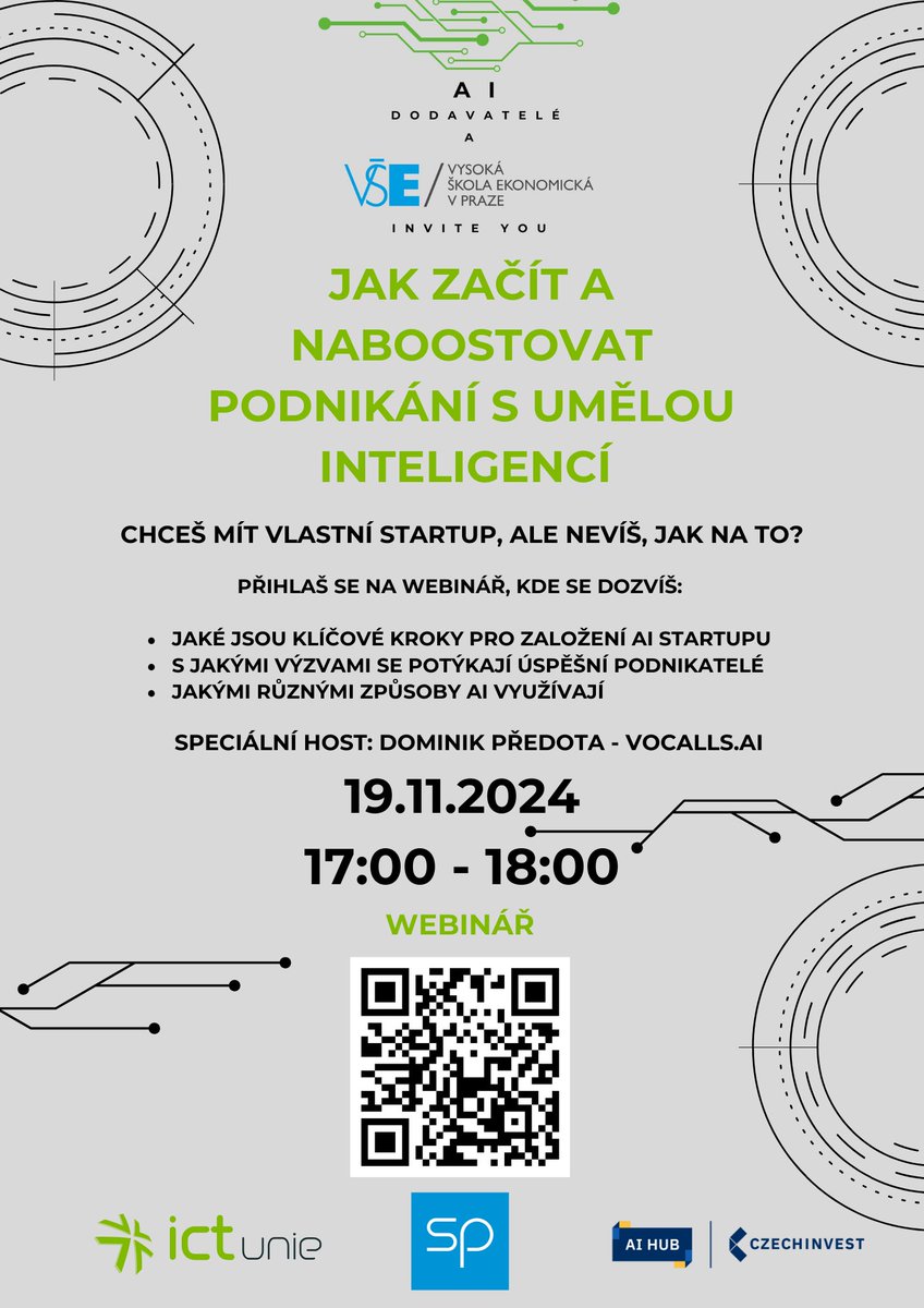 prg.ai (@prg_ai) on Twitter photo 🤔 How to Start and Boost Your Business with AI?
Dreaming of your own AI startup? Join this webinar by <a href="/ICT_UNIE/">ICT UNIE</a>, <a href="/SvazPrumyslu/">Svaz průmyslu a dopravy ČR</a> and <a href="/CzechInvest_CZ/">CzechInvest_CZ</a> to learn:
🚀 Key steps to launching
🌟 Challenges in AI entrepreneurship
💡 How to leverage AI
🗓️ Nov 19, 5-6pm
📲 Register via QR 🤔 How to Start and Boost Your Business with AI?
Dreaming of your own AI startup? Join this webinar by <a href="/ICT_UNIE/">ICT UNIE</a>, <a href="/SvazPrumyslu/">Svaz průmyslu a dopravy ČR</a> and <a href="/CzechInvest_CZ/">CzechInvest_CZ</a> to learn:
🚀 Key steps to launching
🌟 Challenges in AI entrepreneurship
💡 How to leverage AI
🗓️ Nov 19, 5-6pm
📲 Register via QR