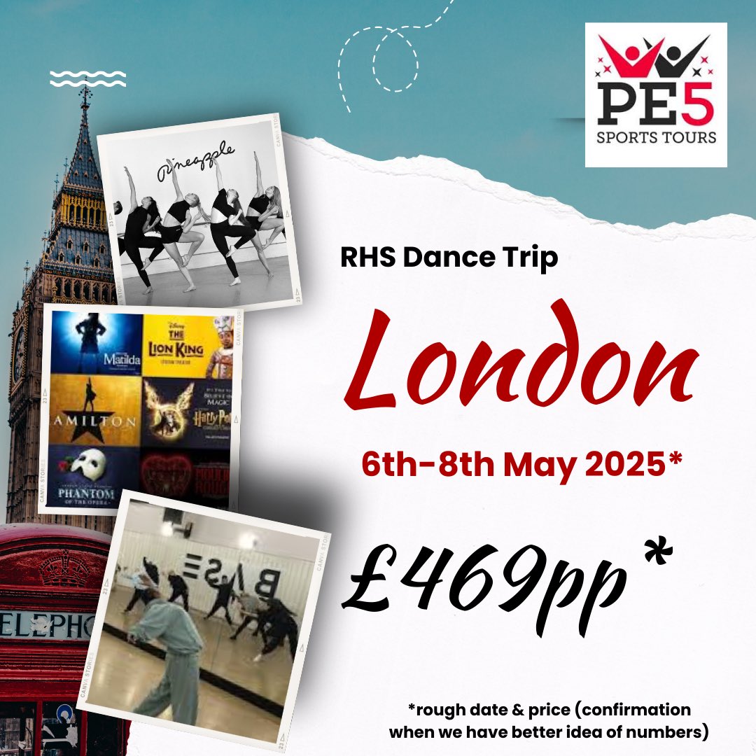 MissMarmionPe's tweet photo. London in May 2025! 🤩

A 2 night trip with 2 dance workshops and a west end show included! 🎟️

Please come to see Miss Marmion in the PE base to put your name down if you are interested! 

You do not have to be involved with dance club in school to join the trip. @renfrew_high https://t.co/SIBVrXB2D3