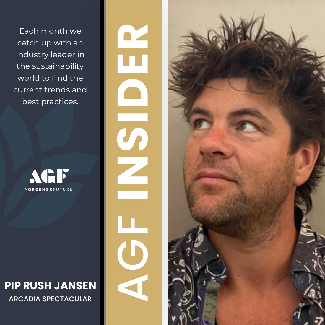 Welcome to #AGFInsider!
This month, we feature Pip Rush Jansen, Co-Founder &amp; Creative Director of <a href="/A_rcadia/">Arcadia</a> . Pip discusses best practices, emerging trends, and challenges in #sustainability for the events industry.

🔍Read the full interview here: agreenerfuture.com/blog-agf/k9orr…