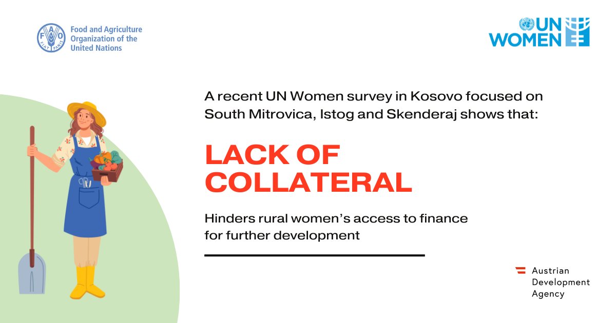 UN Women Kosovo (@unwomenkosovo) on Twitter photo A survey under the project “Promoting Rural Women’s Empowerment in Kosovo” by UN Women & <a href="/FAO/">Food and Agriculture Organization</a>, funded by <a href="/AustrianDev/">AustrianDev</a> - found the lack of collateral as a key barrier for rural women. Greater property ownership is vital for their financial access, independence, and development. A survey under the project “Promoting Rural Women’s Empowerment in Kosovo” by UN Women & <a href="/FAO/">Food and Agriculture Organization</a>, funded by <a href="/AustrianDev/">AustrianDev</a> - found the lack of collateral as a key barrier for rural women. Greater property ownership is vital for their financial access, independence, and development.