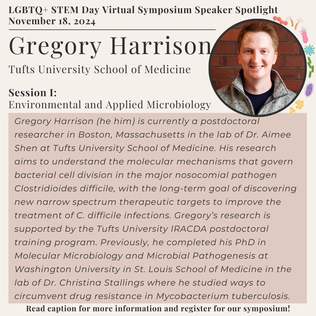 prideinmicro's tweet image. Meet Gregory Harrison (He/Him), our next Speaker Spotlight from the Environmental & Applied Microbiology Session. Hear more about Gregory's work on November 18 at our LGBTQ+ STEM Day Virtual Symposium🏳️🌈 🔬
Learn more & register here:
forms.gle/kYKJKn1CaywBzJ…
#PrideinMicrobiology