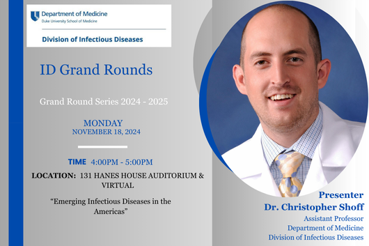 Duke Infectious Diseases (@dukeadultid) on Twitter photo Join us for ID Grand Rounds on Monday, 11/18 at 4:00pm in Hanes House 131 "Emerging Infectious Diseases in the Americas", presented by Dr. Shoff.
If joining virtually: duke.zoom.us/j/98686770700?…
<a href="/DukeHealth/">Duke Health</a>
#IDFellows #Dukeglobal #americas Join us for ID Grand Rounds on Monday, 11/18 at 4:00pm in Hanes House 131 "Emerging Infectious Diseases in the Americas", presented by Dr. Shoff.
If joining virtually: duke.zoom.us/j/98686770700?…
<a href="/DukeHealth/">Duke Health</a>
#IDFellows #Dukeglobal #americas