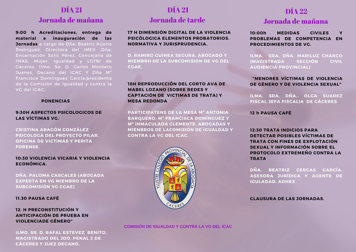 El próximo 21 y 22 de Noviembre el ICAC organiza el "Curso de especialización habilitante para el turno de asistencia a víctimas de VG" en el Complejo Cultural San Francisco de Cáceres.
Inscripciones hasta el próximo 19 de Noviembre.
Más info: icac.es