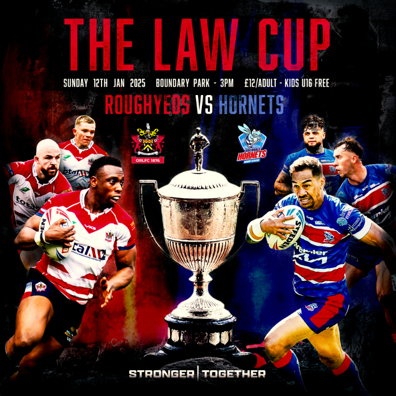 Roughyeds's tweet photo. The Law Cup will return to Boundary Park for the first time since 2004 when we face @RochdaleHornets on January 12!

Tickets, on sale now, are £12 while kids go free – just use the code 'freechild1'

#RugbyLeague