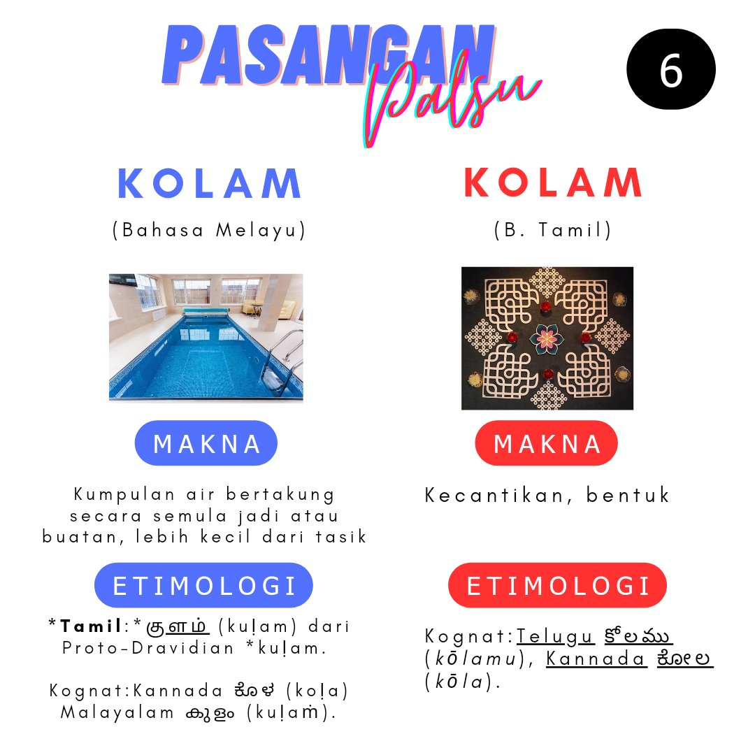 sjfi_twider's tweet photo. Bebenang Pasangan Palsu ke-6.

Sebenarnya nak buat ni sempena Deepavali tapi dah terlambat sangat.

Dulu2 mesti terfikir kan apa kaitan kolam air dengan kolam hiasan beras waktu Deepavali.

Dan apa lagi mengejutkan, kolam air juga dari Bahasa Tamil.

#PasanganPalsu #FalseFriend https://t.co/7uDQWGSiel