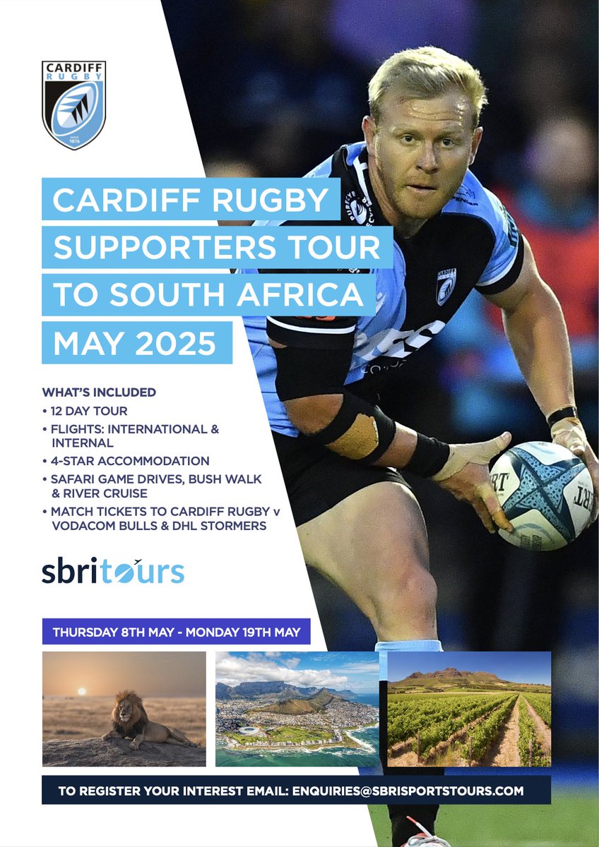 𝙏𝙧𝙞𝙥 𝙤𝙛 𝙖 𝙡𝙞𝙛𝙚𝙩𝙞𝙢𝙚!

Join the Blue &amp; Blacks in South Africa as they take on Vodacom Bulls and DHL Stormers 🇿🇦

🔗sbrisportstours.com/cardiff-rugby-…