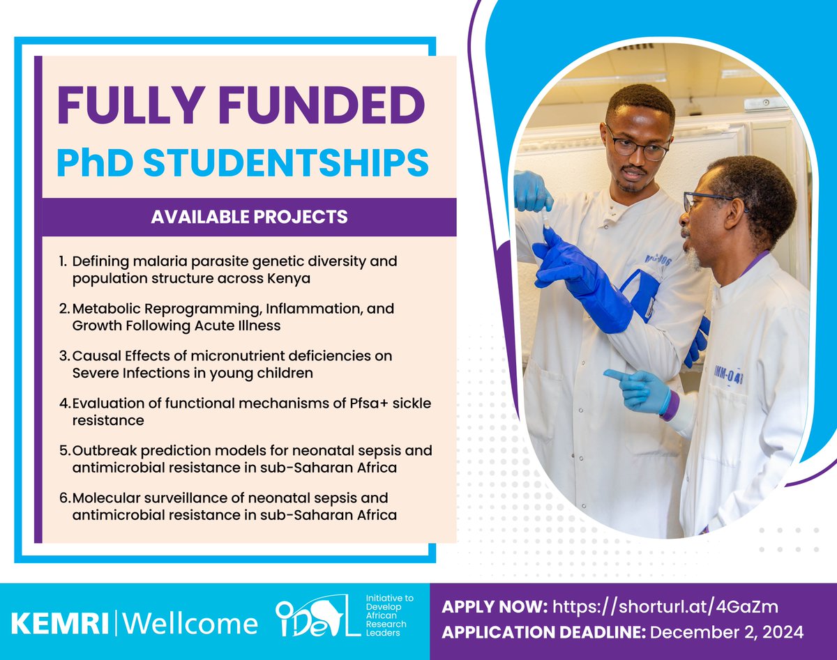 KEMRI-Wellcome Trust (@kemri_wellcome) on Twitter photo 💡 Want to shape the future of healthcare in Africa? <a href="/KEMRI_Wellcome/">KEMRI-Wellcome Trust</a> is offering fully funded PhD studentships with expert mentorship to help you tackle Africa's most pressing health issues!
Click the link below to apply!
shorturl.at/4GaZm
Deadline: Dec 2, 2024 💡 Want to shape the future of healthcare in Africa? <a href="/KEMRI_Wellcome/">KEMRI-Wellcome Trust</a> is offering fully funded PhD studentships with expert mentorship to help you tackle Africa's most pressing health issues!
Click the link below to apply!
shorturl.at/4GaZm
Deadline: Dec 2, 2024