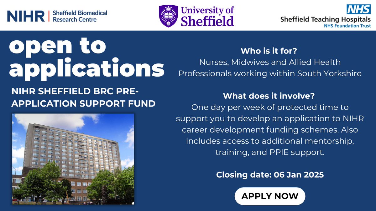 NIHR Sheffield Biomedical Research Centre (@sheffieldbrc) on Twitter photo Are you a #HealthcareProfessional working within #SouthYorkshire?
Are you looking to develop a clinical academic career?
Applications are now open to the <a href="/SheffieldBRC/">NIHR Sheffield Biomedical Research Centre</a> Pre-Application Support Fund!
🔗 Find out more & apply here: bit.ly/48VzH67 Are you a #HealthcareProfessional working within #SouthYorkshire?
Are you looking to develop a clinical academic career?
Applications are now open to the <a href="/SheffieldBRC/">NIHR Sheffield Biomedical Research Centre</a> Pre-Application Support Fund!
🔗 Find out more & apply here: bit.ly/48VzH67