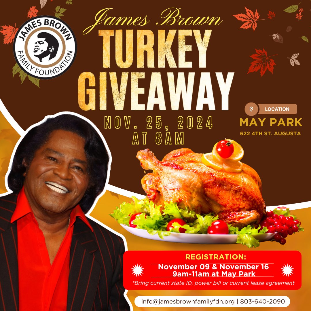 JamesBrownFF's tweet photo. One more chance to register! Join us on November 16th at May Park to sign up for the JB Turkey Giveaway! Let’s continue the legacy of giving and make this Thanksgiving a special one for all.
#GodfatherOfSoul #JamesBrownFamilyFoundation #ThanksgivingTradition #JBTurkeyGiveaway https://t.co/KAwLJaJI9U