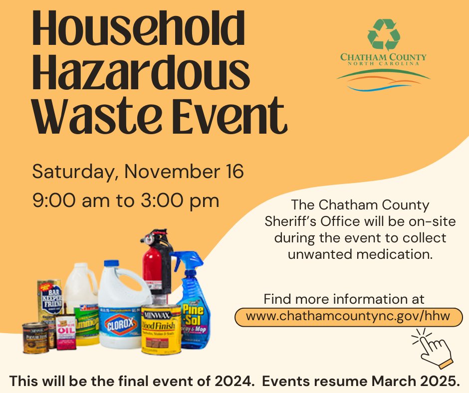Tomorrow- Sat Nov 16 is the Household Hazardous Waste event from 9-3 at our Main Facility. Sheriff’s Office will be taking unwanted medications. No trash, empty containers, business waste. Final event of 2024. Learn more- chathamcountync.gov/hhw