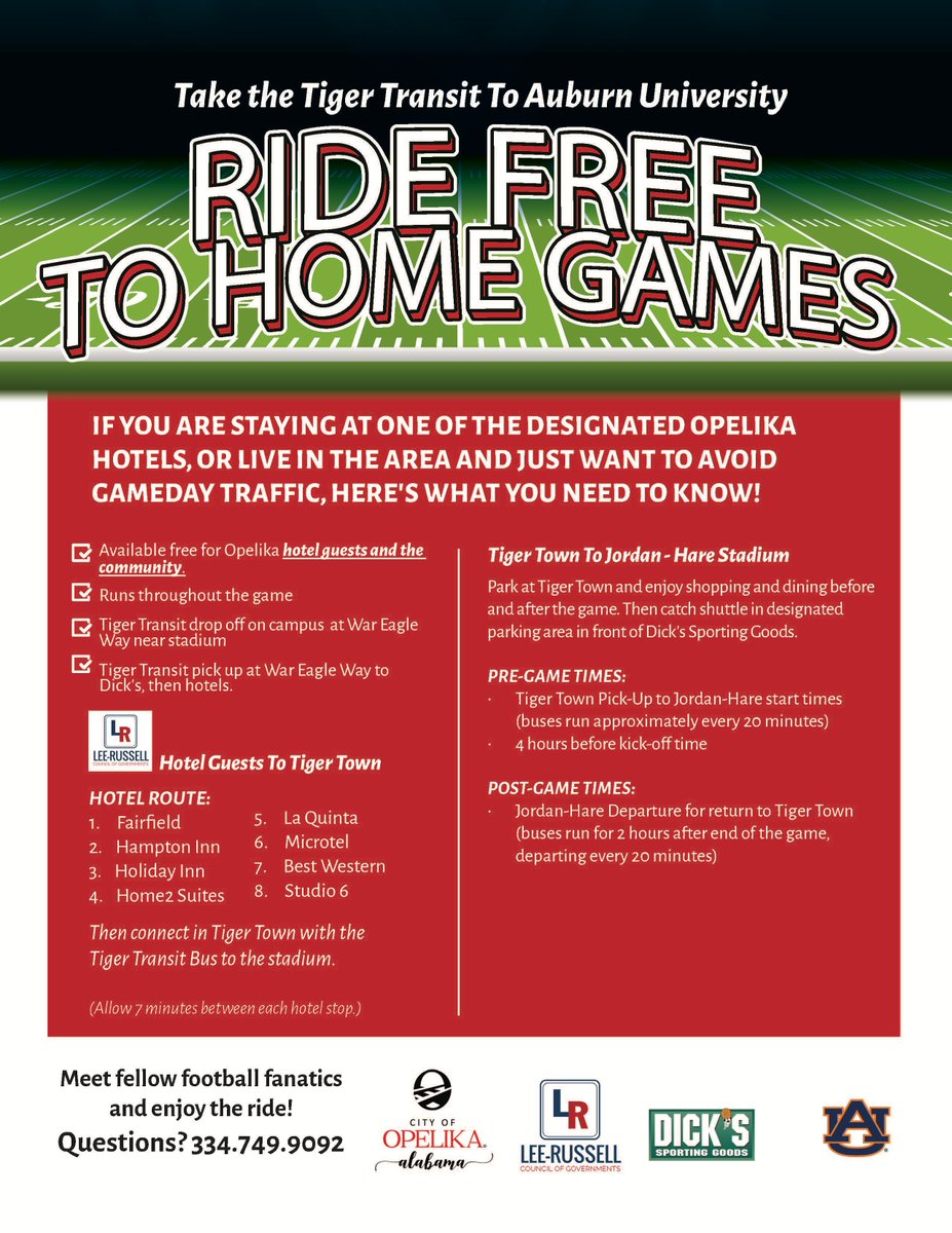 You can ride free to Auburn University home football games! This Saturday's game against ULM kicks off at 11:45 AM.

Check out the flyer posted below for details!