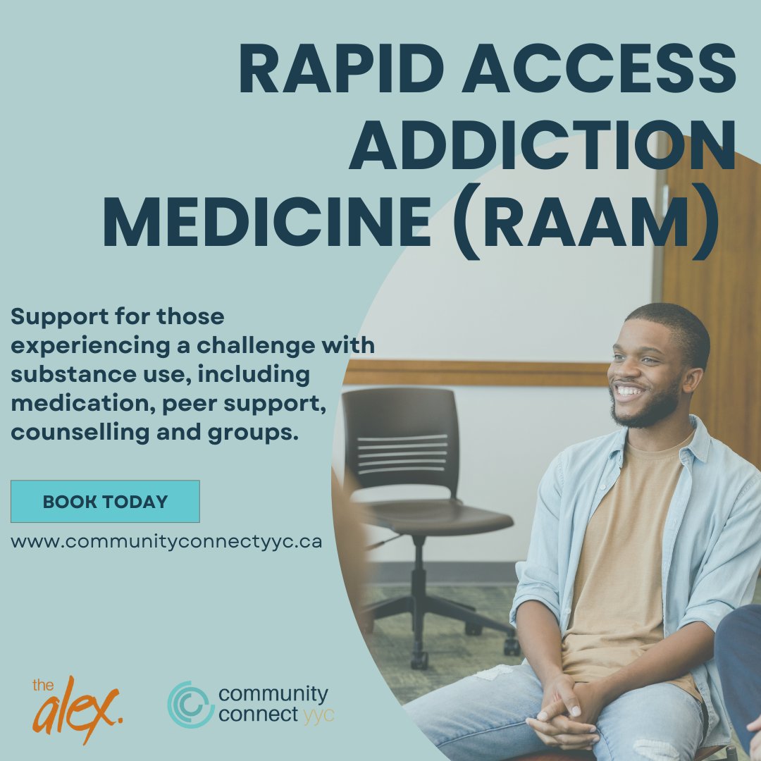 CommConnectYYC's tweet image. The Alex Program's Rapid Access Addiction Medicine (RAAM) offers individual and group sessions for those facing challenges with substance use. Access medication, peer support, and counselling. Book your session on Community Connect YYC today!  @thealexchc #AddictionSupport