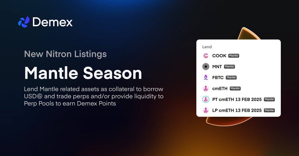 demexchange's tweet photo. Leverage @0xMantle assets for lending and collateralizing now!

Incentives 💸 on the following assets:
• COOK
• MNT
• FBTC
• cmETH
• PT cmETH 13 FEB 2025
• LP cmETH 13 FEB 2025.

Start COOK-ing now 🧑‍🍳 ↓
https://t.co/LUcClhA3bO https://t.co/RRSd3guN1R