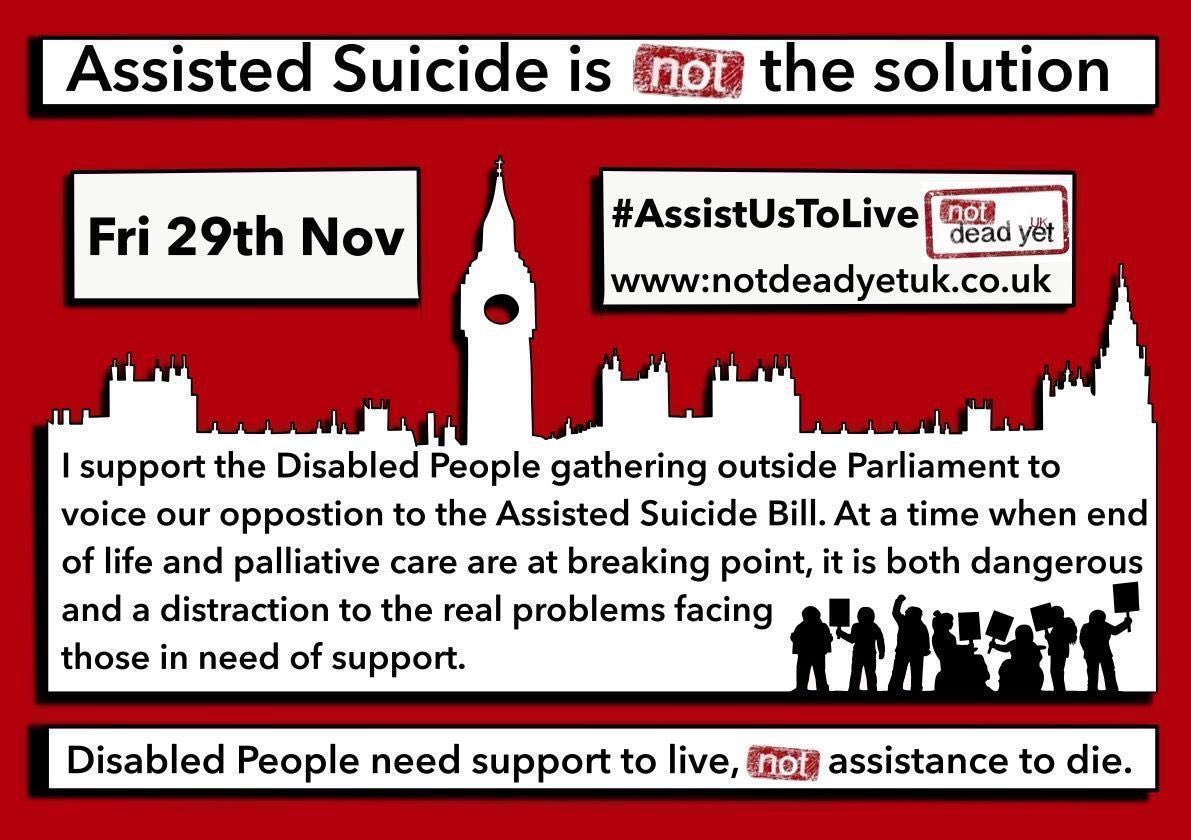 Adam Gabsi ♿️ (@adamgabsildn) on Twitter photo Join <a href="/InclusionLondon/">Inclusion London</a> and friends (<a href="/TheNotDeadYetUK/">Not Dead Yet UK</a> <a href="/Dis_PPL_Protest/">DPAC</a> <a href="/DisRightsUK/">Disability Rights UK</a>) to oppose the Assisted Dying Bill!
📅 Friday, 29th November
🕘 From 9:30am
📍 College Green, Westminster, London SW1P 3SE
#AssistUsToLive #DisabilityRights #NoToAssistedDying Join <a href="/InclusionLondon/">Inclusion London</a> and friends (<a href="/TheNotDeadYetUK/">Not Dead Yet UK</a> <a href="/Dis_PPL_Protest/">DPAC</a> <a href="/DisRightsUK/">Disability Rights UK</a>) to oppose the Assisted Dying Bill!
📅 Friday, 29th November
🕘 From 9:30am
📍 College Green, Westminster, London SW1P 3SE
#AssistUsToLive #DisabilityRights #NoToAssistedDying