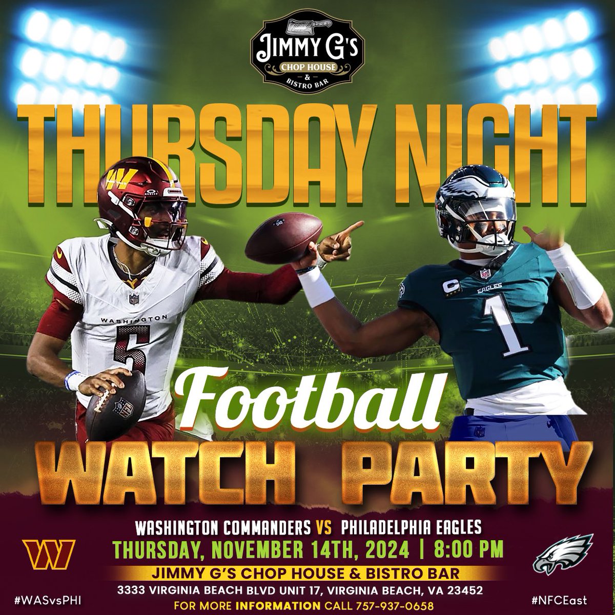 DCTweetTeam1932's tweet photo. Despite the @Commanders coming up short last night we still had a great time at the #TNFonPrime Watch party at Jimmy G’s Bistro!!! #RaiseHail #HTTC #DCTweetTeam #FlyEaglesFly https://t.co/jmv3r37PAC