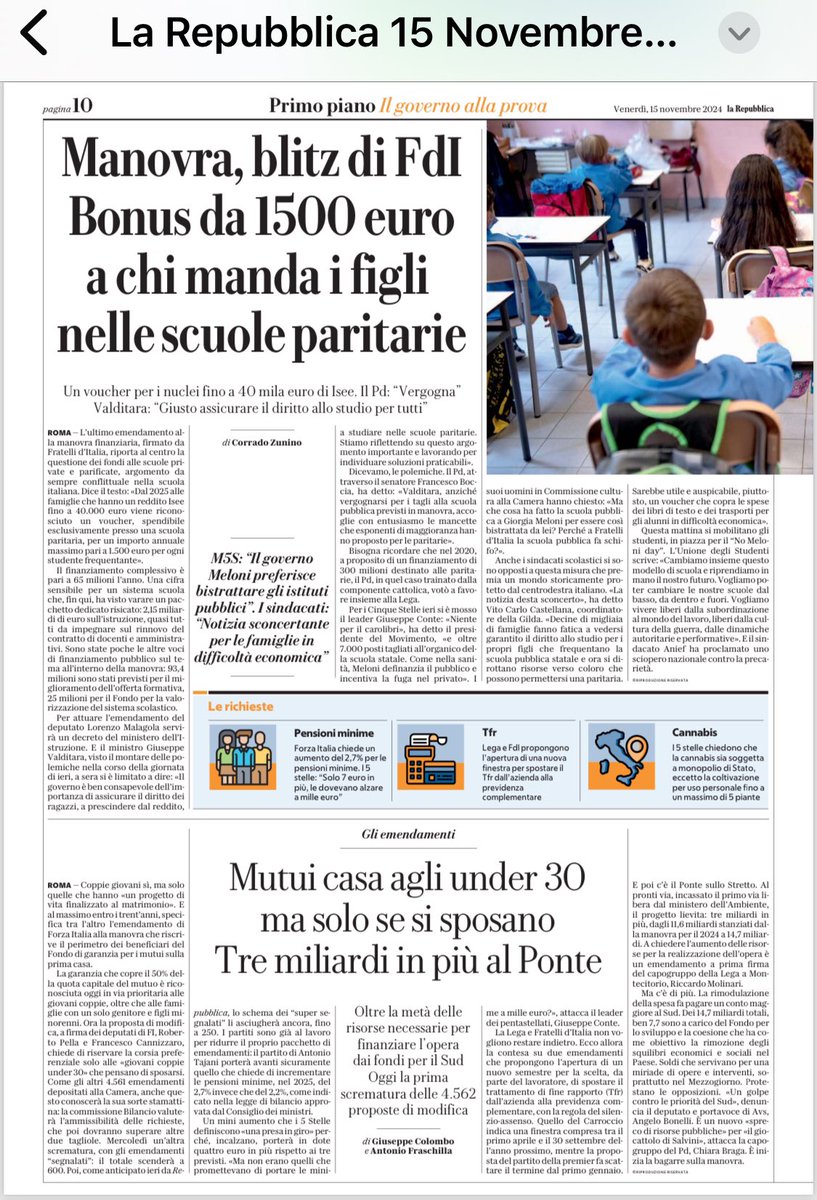 archivioenti's tweet photo. pag. 10 del quotidiano La Repubblica e l’articolo “ Il caso del bonus per le paritarie” sul quotidiano Corriere Della Sera (pagina 6, sempre di oggi venerdì 15 novembre 2024)Le due pagine le trova in allegato con cordialità. Agidae https://t.co/axcERgtcMH