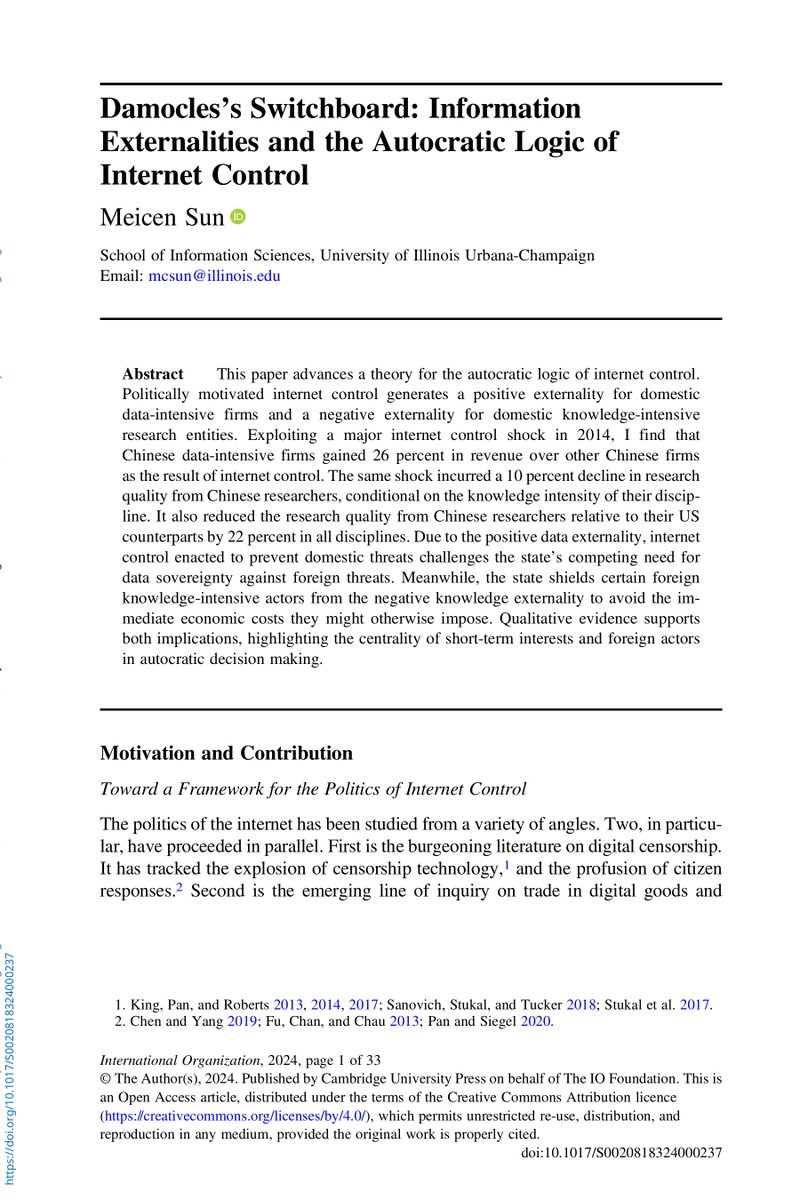 MIT FutureTech (@mitfuturetech) on Twitter photo <a href="/MeicenSun/">Meicen Sun</a> finds that China's internet control, the "Great Firewall", has benefited Chinese data-heavy firms (+26% revenue) but hurt Chinese research quality (-10%) in knowledge-driven fields, widening the research gap with the U.S. by 22%.
For more, see the paper: <a href="/MeicenSun/">Meicen Sun</a> finds that China's internet control, the "Great Firewall", has benefited Chinese data-heavy firms (+26% revenue) but hurt Chinese research quality (-10%) in knowledge-driven fields, widening the research gap with the U.S. by 22%.
For more, see the paper: