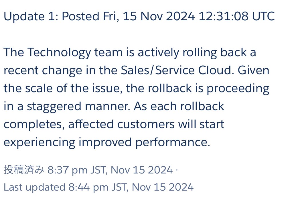 RM_invitation's tweet image. セールスフォース復旧してました！
徐々に復旧されてくみたいなのでログインできるか確認してみてください

status.salesforce.com/generalmessage…

#saleseforce 
#salesforcedown
