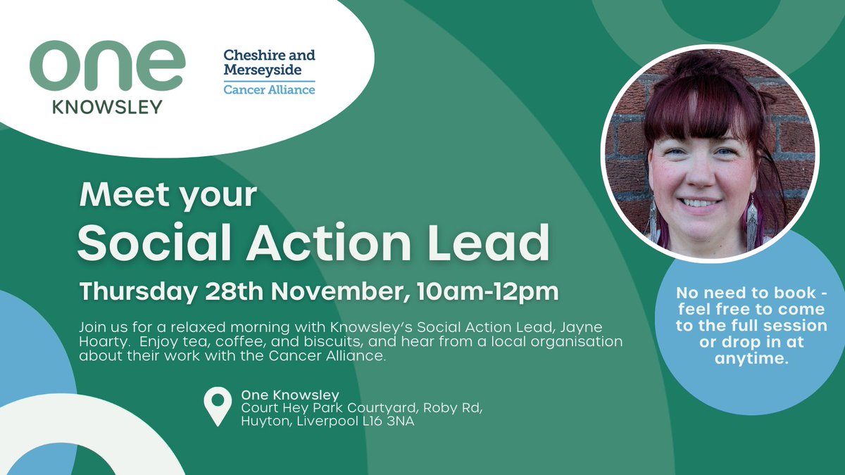 Join us at One Knowsley, Court Hey Park on 28th Nov, 10am-12pm to chat cancer awareness with Knowsley’s Social Action Lead, Jayne Hoarty!☕
Hear from local VCFSE organisations, grab a cuppa, and learn about grant opportunities. Pop by anytime!
#Knowsley #CancerAwareness #Social