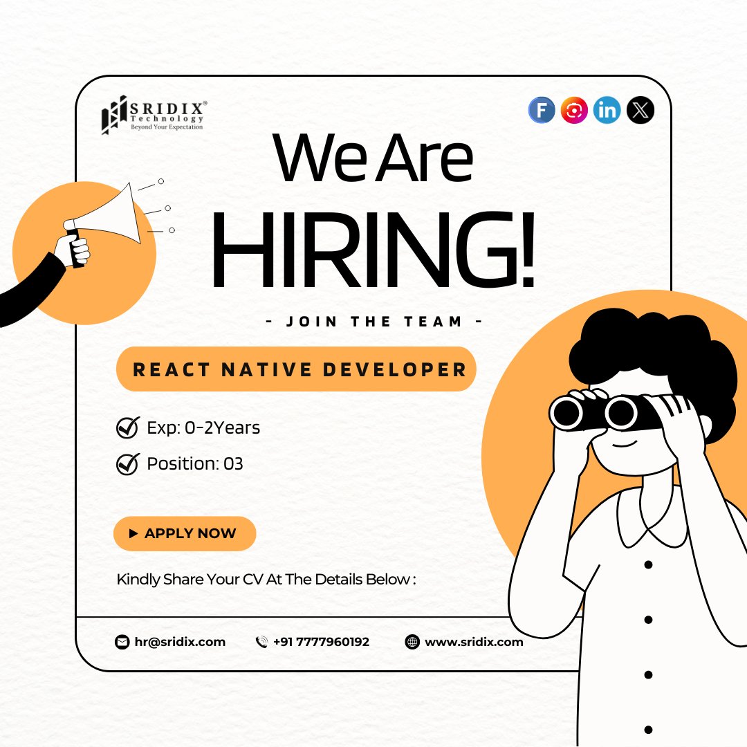 SridixTech's tweet photo. 🚀 We're Hiring! Join Our Team as a React Native Developer 📱✨ Ready to build cutting-edge mobile apps and take your skills to the next level? Apply now and be part of an exciting journey with us! 🌟
.
.
#ReactNative #MobileAppDevelopment  #JoinOurTeam #SridixTechnology https://t.co/NUgbpENJUH