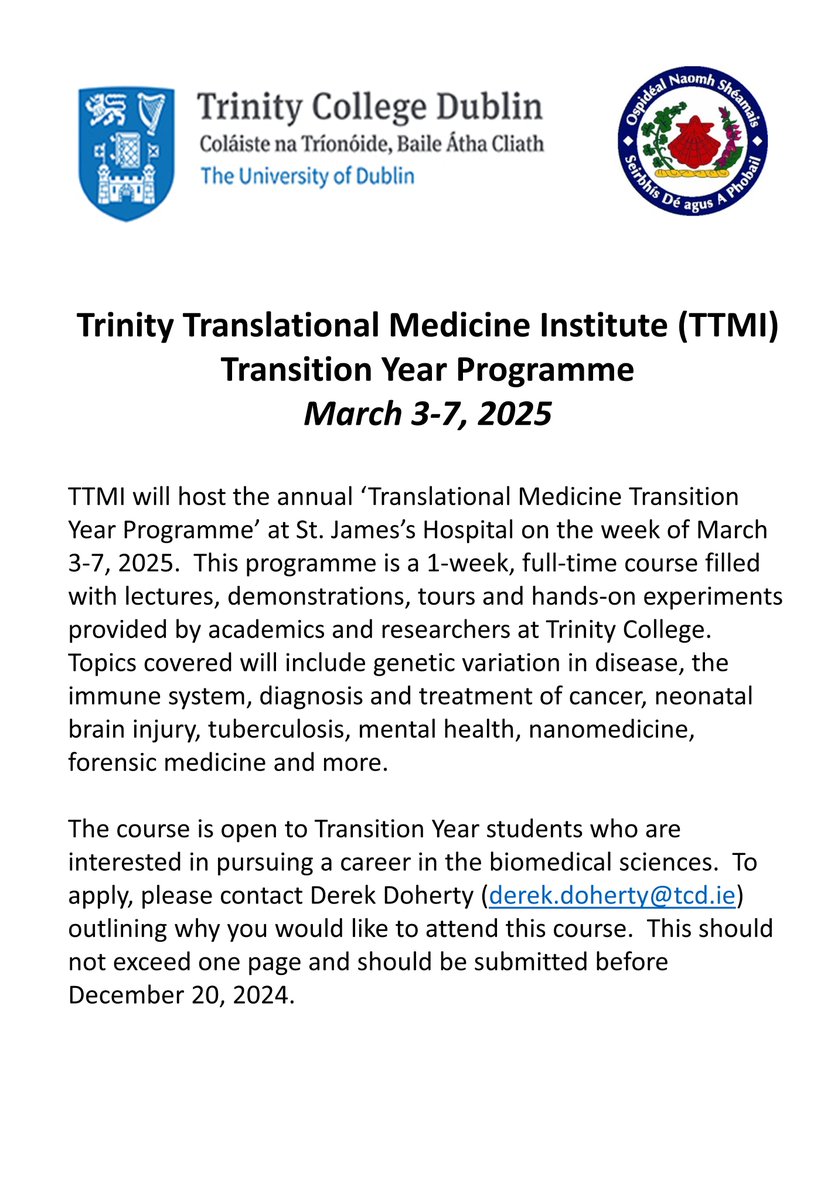🚨 The TTMI Transition Year Programme is open for applications 🚨

➡️ Runs March 3 - 7th 2025 
➡️ Deadline for applications is Dec 20th 2024
⬇️ Further details below