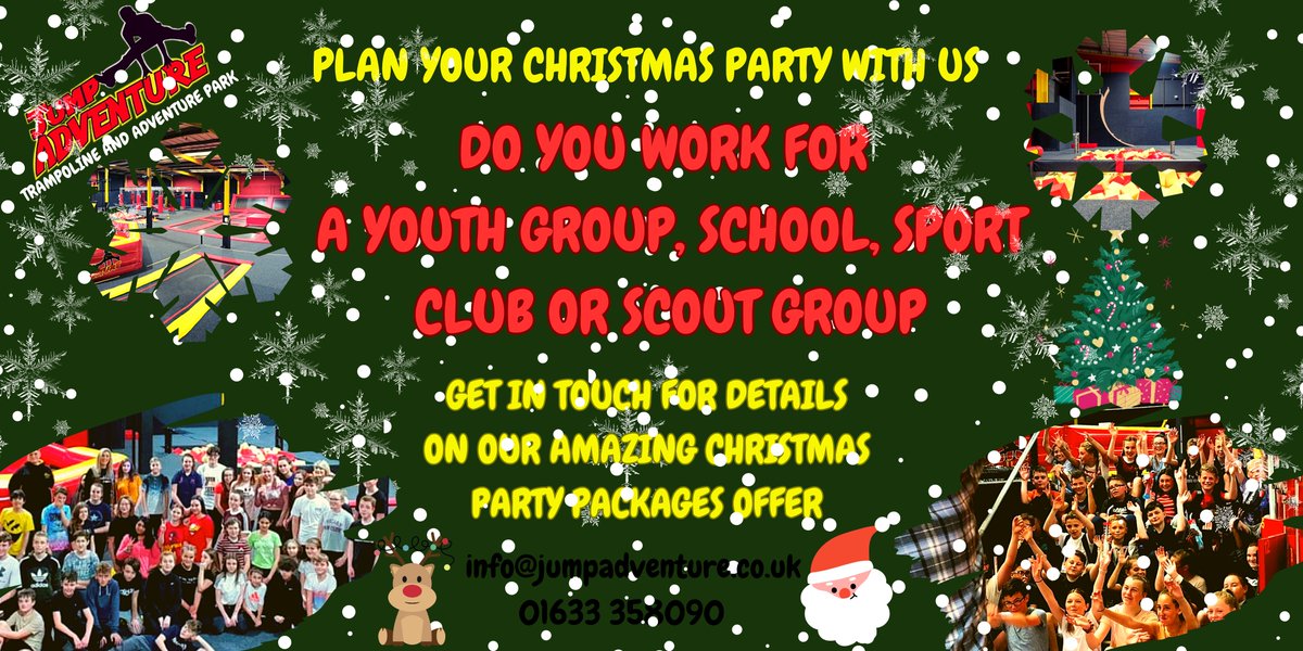 Book your Christmas Packages At Jump Adventure  Book Now: info@jumpadventure.co.uk  01633 358090   <a href="/UKSchoolTrips/">Clare's UK School Trips, Workshops Offers & Ideas</a>  #christmas #parties #southwales #newport #childrenparties #scoutgroup #trampolinepark #adventurepark #christmaspackages #school #sportclub #youthgroup #biggroup