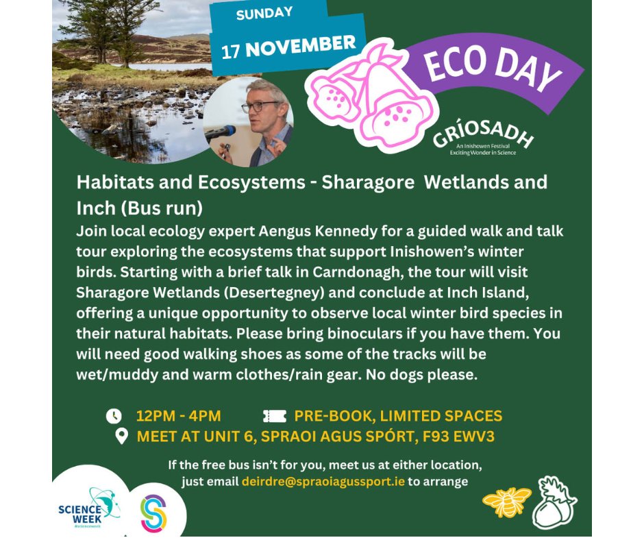 Come along on Sunday the 16th of November for ECO DAY with local ecology expert Aengus Kennedy for a guided walk and talk.
Meeting at Unit 6, Spraoi agus Spórt, F93 EWV3
12 - 4 pm
Don't forget your binoculars, you never know what you will see.