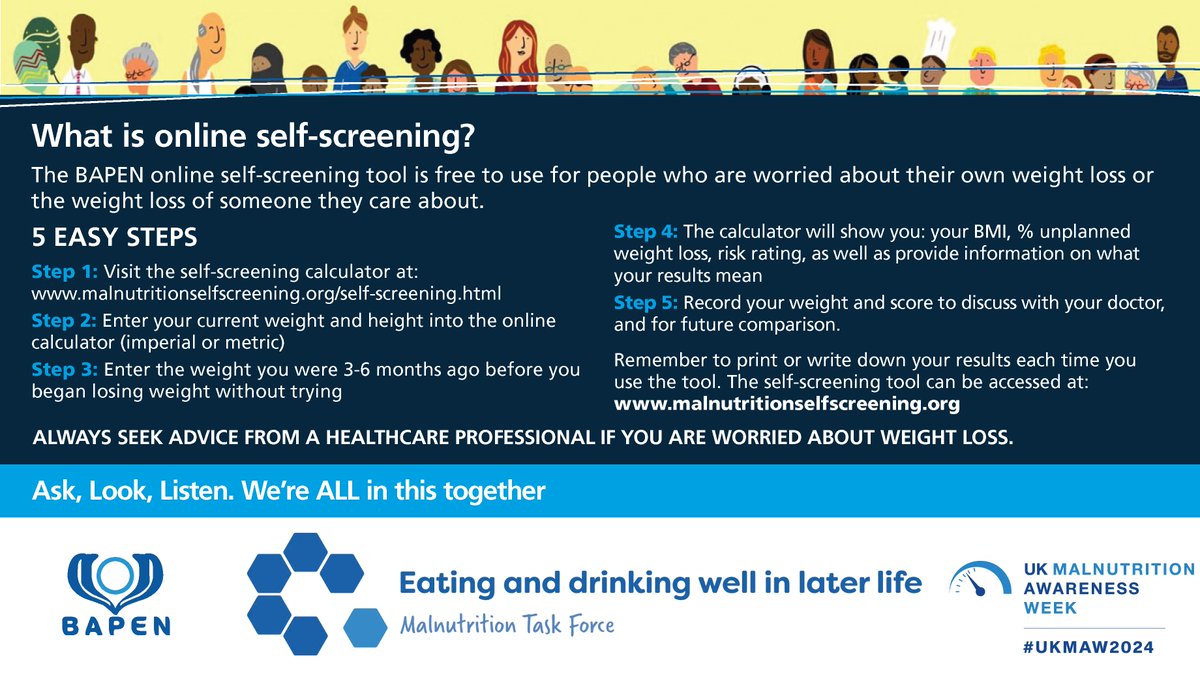 Did you know that <a href="/BAPENUK/">BAPEN UK</a> has a Malnutrition Self-Screening Tool? It's available as an online tool for patients or their families and carers. Together, we can   take action to detect and treat malnutrition.
 
For more information follow this link ➡️ bit.ly/3WdoAzy