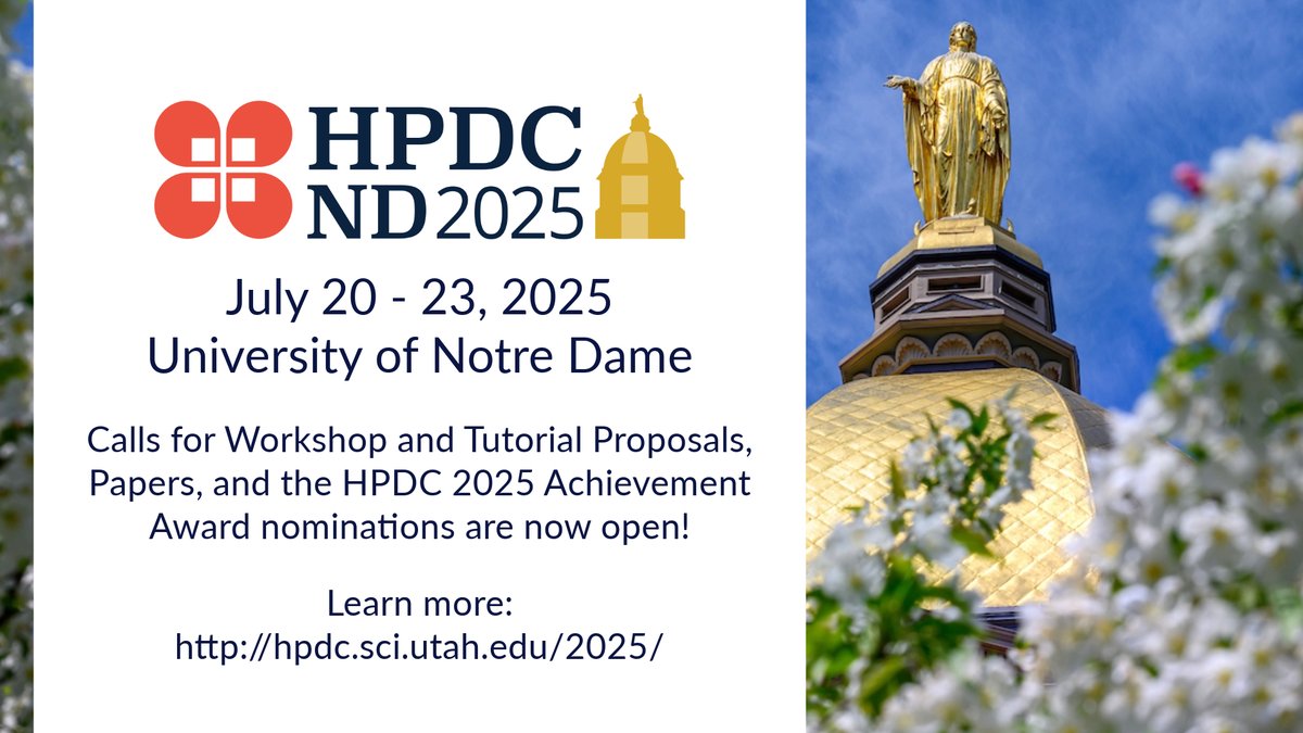 HPDC 2025 (@acm_hpdc) on Twitter photo Multiple calls are now open for <a href="/ACM_HPDC/">HPDC 2025</a> 2025! 
Workshop and Tutorial Proposals: Due Dec. 9, 2024
Paper Abstract Submissions: Due Jan. 16, 2025
HPDC 2025 Achievement Award Nominations: Due Feb. 28, 2025
Learn more & submit proposals & nominations here: hpdc.sci.utah.edu/2025/ Multiple calls are now open for <a href="/ACM_HPDC/">HPDC 2025</a> 2025! 
Workshop and Tutorial Proposals: Due Dec. 9, 2024
Paper Abstract Submissions: Due Jan. 16, 2025
HPDC 2025 Achievement Award Nominations: Due Feb. 28, 2025
Learn more & submit proposals & nominations here: hpdc.sci.utah.edu/2025/