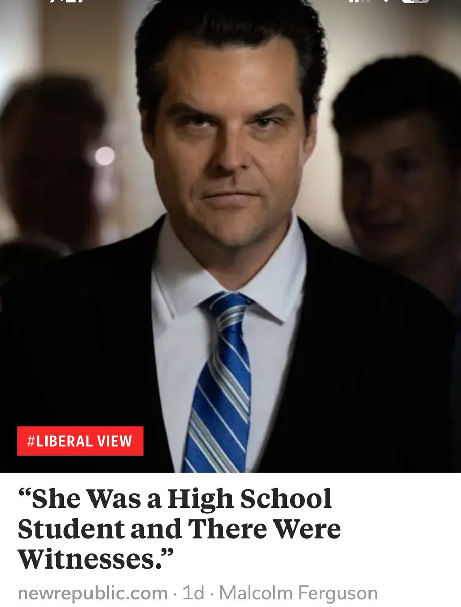 ShariKarney's tweet photo. She was a high school student. There were witnesses

Matt Gaetz, Trump’s AG pick, faces allegations of sex trafficking 17-year-old. His friend confessed. Witnesses say Gaetz there. He denies it.

#MattGaetz #Trump #SexTrafficking #CSA #JusticeForSurvivors #Accountability https://t.co/D3SX1tMLyM