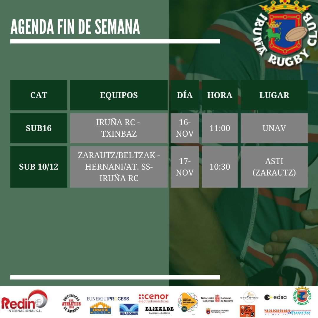 Esta semana solo juega en casa el Sub16. Te esperamos a las 11:00 en el polideportivo de la Unav. Anima a tu equipo !!!
Y mandamos mucha suerte a nuestros equipos de Sub10 y Sub 12 que juegan el domingo en Zarautz. 💪💪🏉🏉
