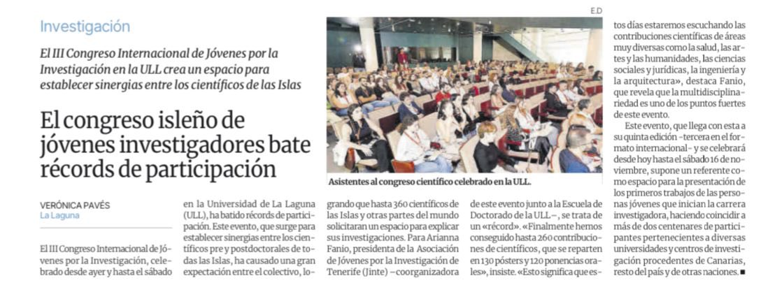 📰 El periódico <a href="/eldia/">El Día</a> se hace eco del III Congreso Internacional de Jóvenes por la Investigación, de la mano de la periodista <a href="/veropaves/">Verónica Pavés✨</a>.

❗️ Récord de participación en un congreso de tres días que está siendo muy enriquecedor.