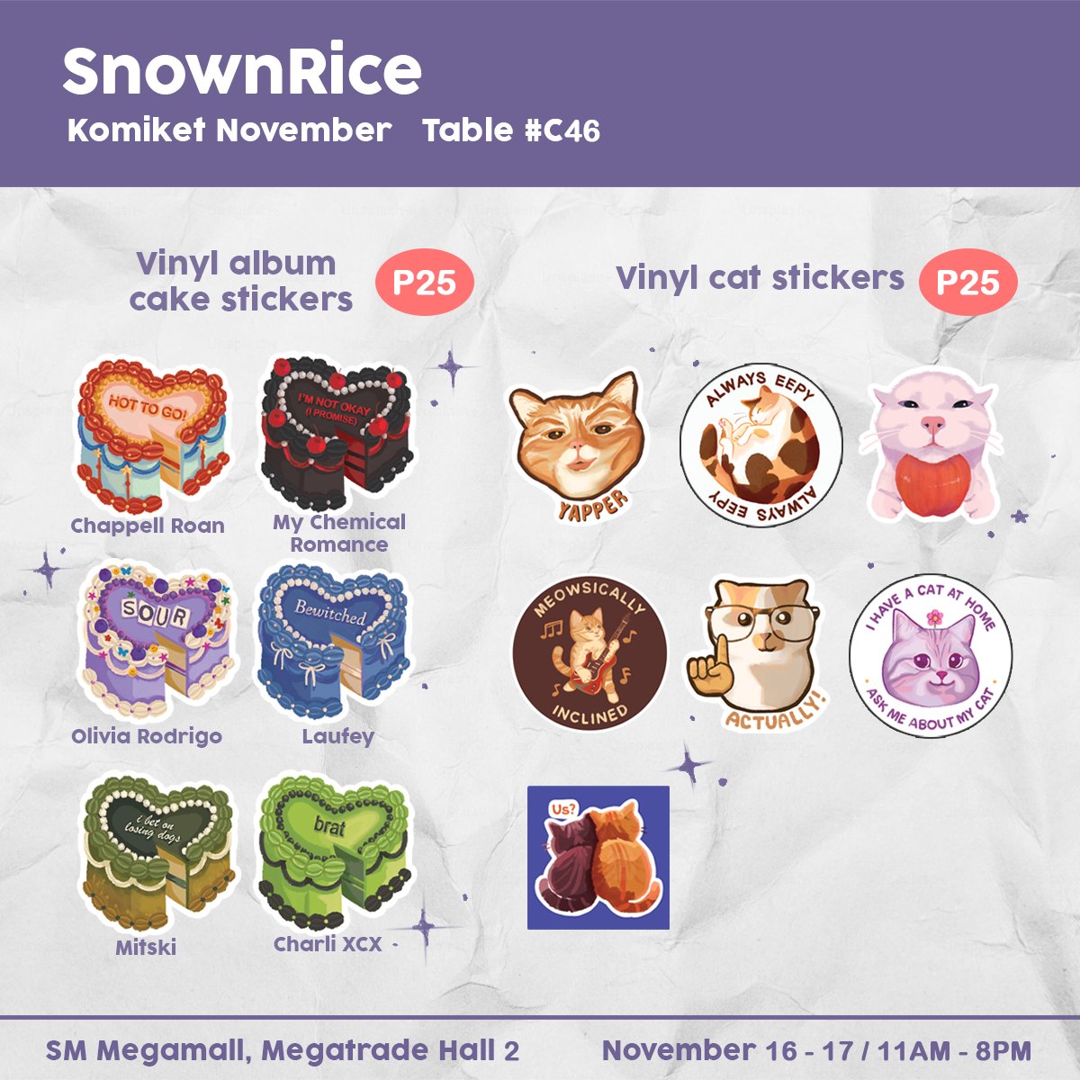 SnownRice's tweet photo. Here is my catalog for Komiket November !! 💫

💜Table C46
💜November 16 – 17, 11am – 8pm
💜SM Megamall, Megatrade Hall 2 &amp; 3

See you there !!

#komiket #paskomiket https://t.co/heIS2h4nFA