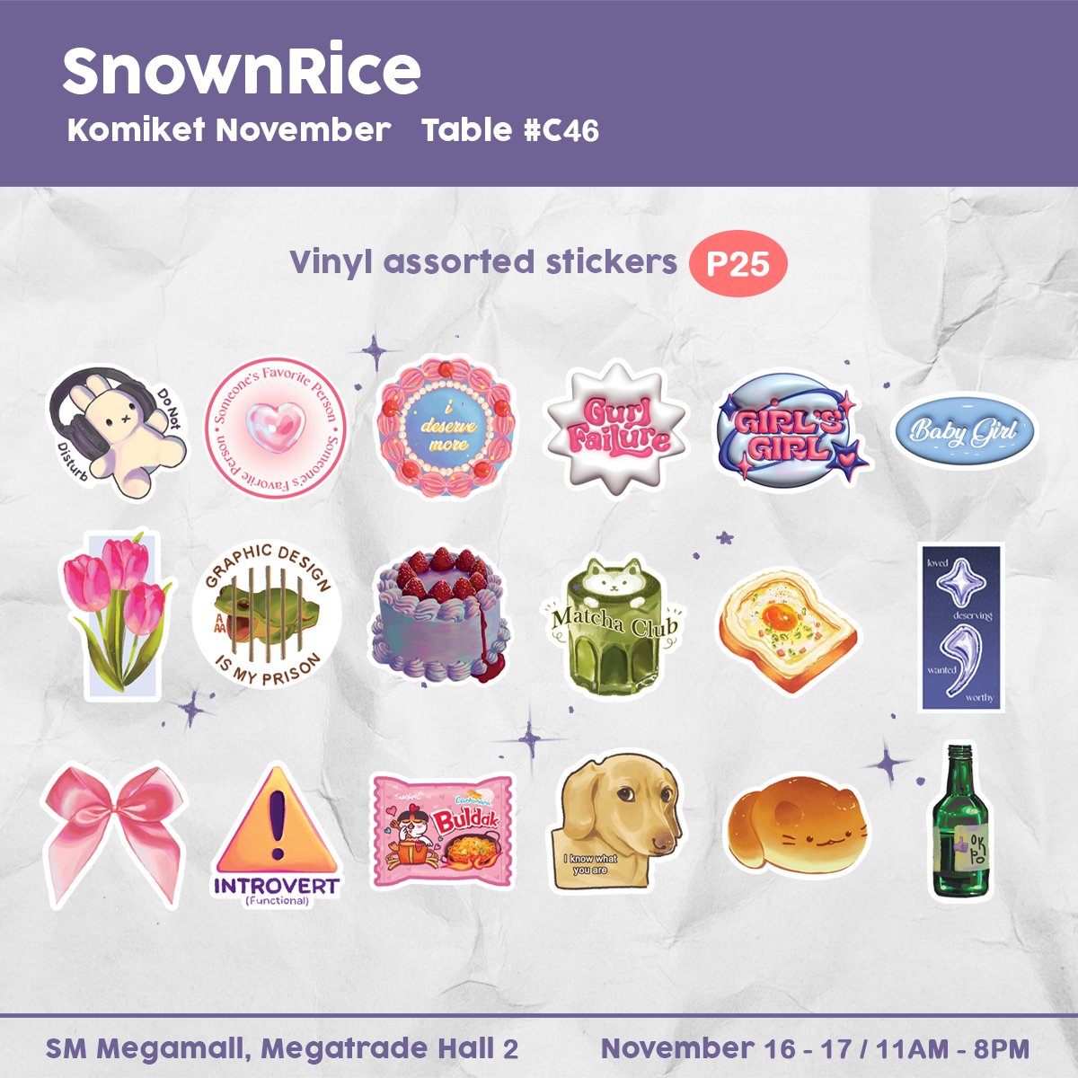 SnownRice's tweet photo. Here is my catalog for Komiket November !! 💫

💜Table C46
💜November 16 – 17, 11am – 8pm
💜SM Megamall, Megatrade Hall 2 &amp; 3

See you there !!

#komiket #paskomiket https://t.co/heIS2h4nFA