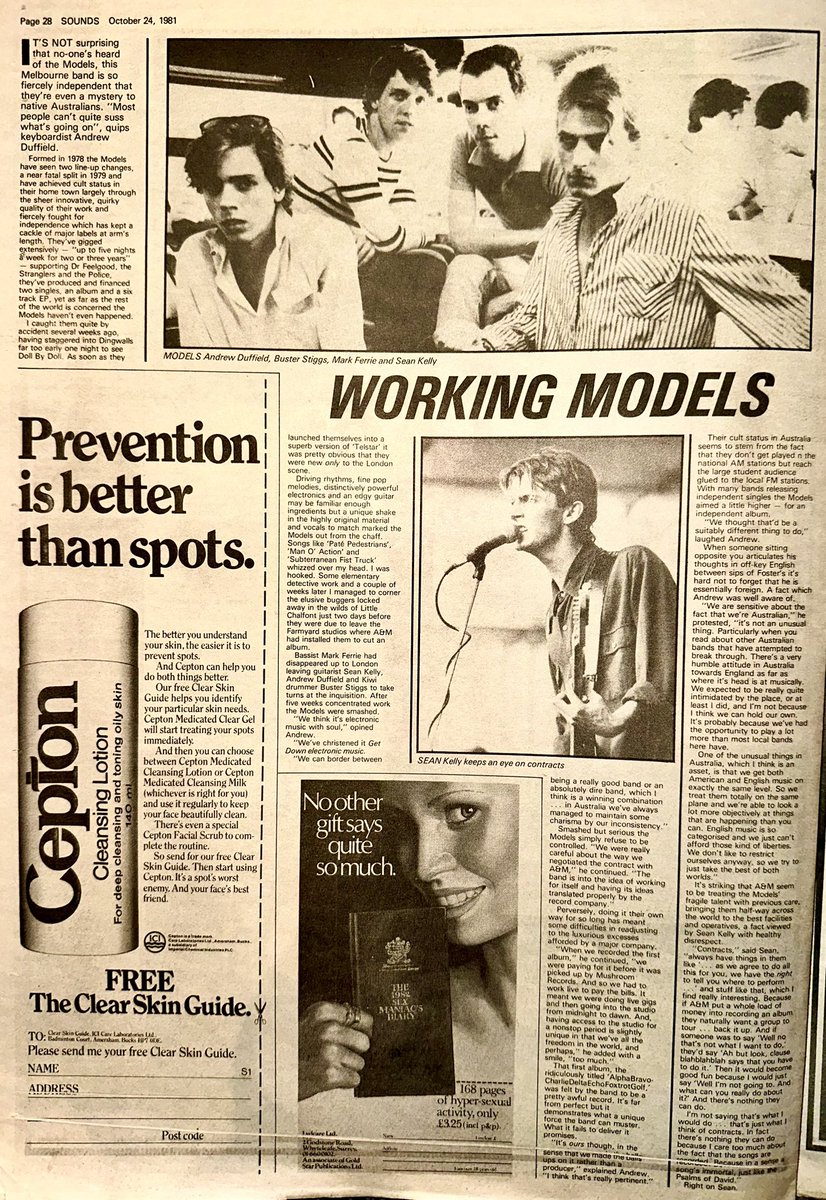 ZoundsAbound's tweet photo. Features this week include an early introduction to @WangChungMusic, an interview with enigmatic Australian band, #TheModels, an update from @holliesofficial who are still making music, &amp; an interview with #AtomicRooster as they celebrate 10 years on the go

Sounds Oct 24th 1981 https://t.co/DTRhvAIOXR