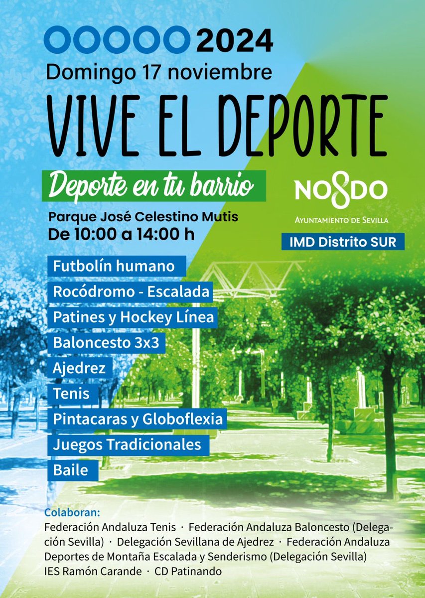 🎉 ¡Este domingo vive el deporte! 🏀 🤸⚽️

🗣️Organizado por el Distrito Sur (nombrar en Twitter)
📍Parque José Celestino Mutis
📅 Domingo 17 de Noviembre de 10:00h -14:00h.

✨ Disfruta de juegos y actividades deportivas en familia.
