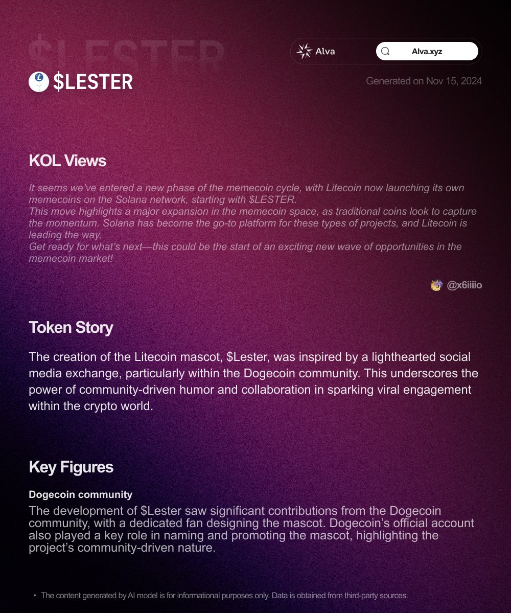 Meme Coin Alert: $lester was sparked by humor and collaboration between the <a href="/dogecoin/">Dogecoin</a> and <a href="/litecoin/">Litecoin</a> communities! 

@mascot78969 is here to elevate $LTC, strong genes produce strong memes 👁️👁️