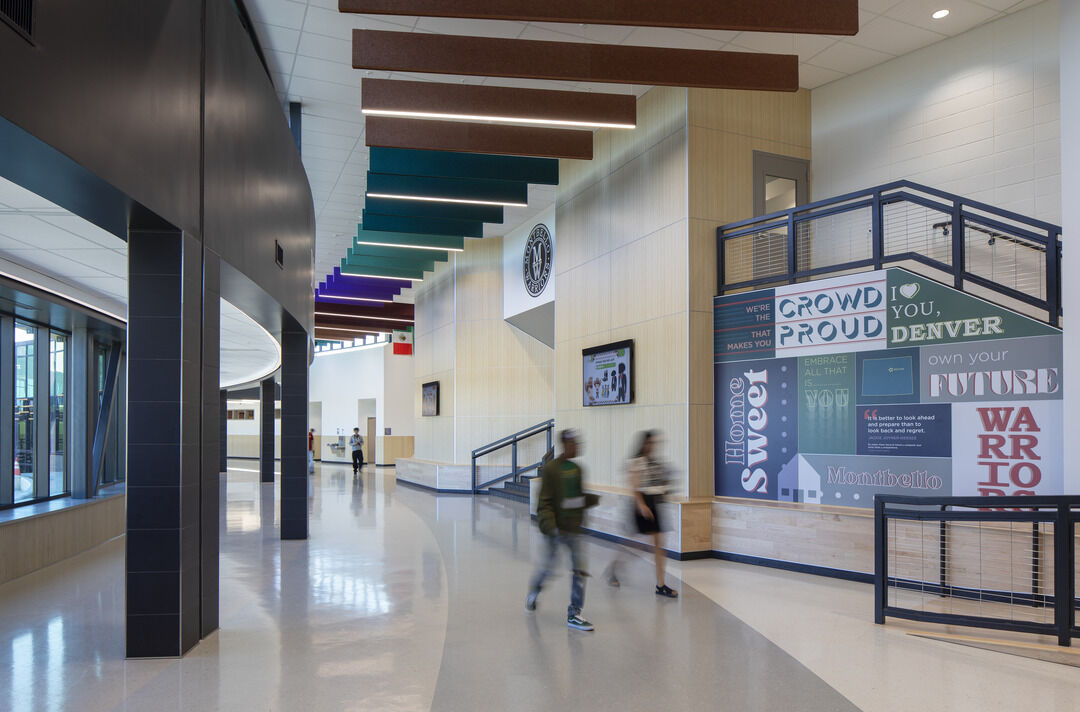 Located in northeast Denver, Montbello High School was transformed into a modern facility engaging students and the community. 

The renovated school features a cafeteria with extensive daylighting, an athletic hallway, and experiential graphic design. bit.ly/3WmAAR0