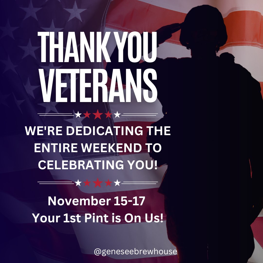 This weekend, we’re raising a glass to our heroes! To honor our veterans, we’re offering a free first pint to all veterans and active-duty military members from November 15-17 

Come by, relax, and let us show our appreciation. Cheers to those who protect and serve!