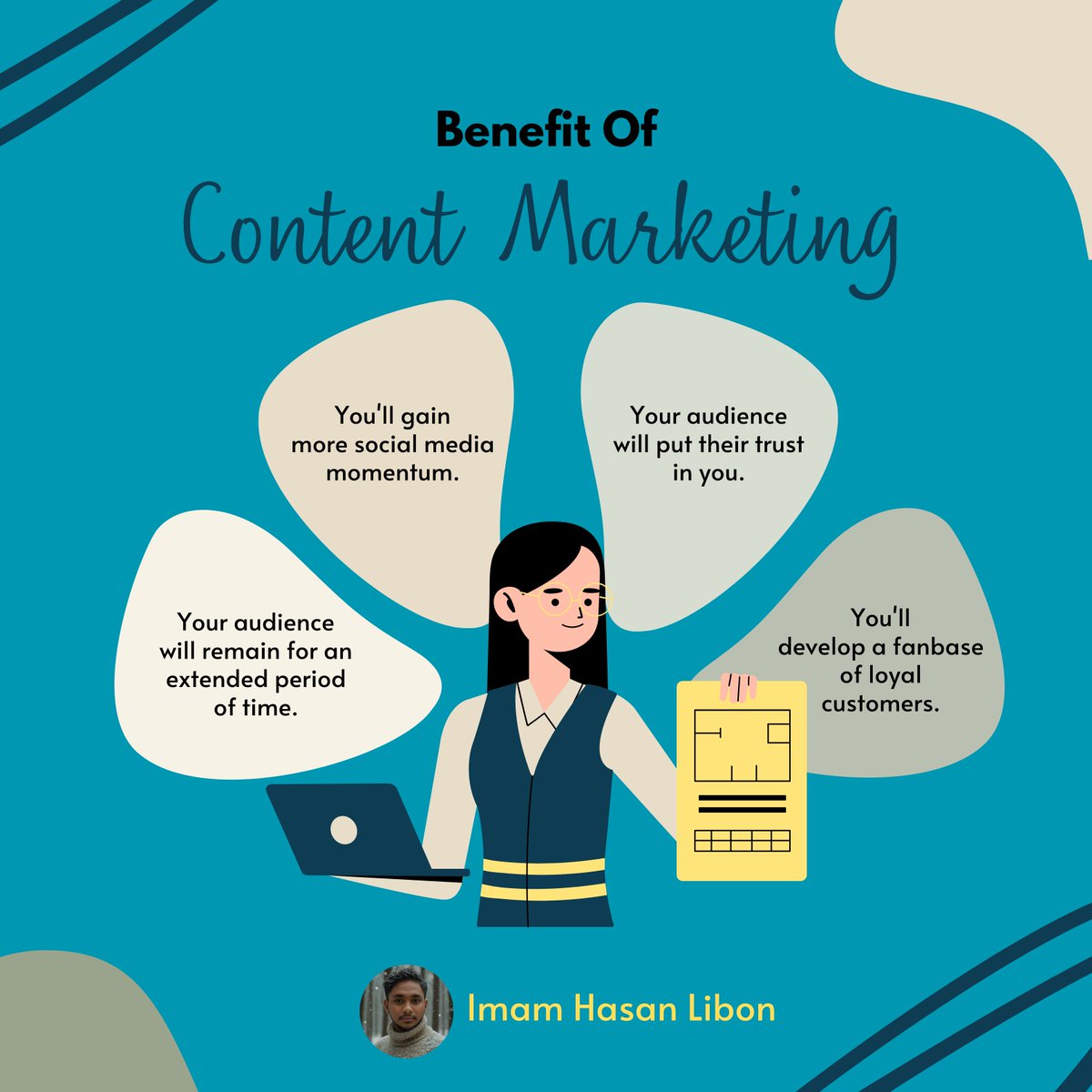 Imamhasanlibon's tweet photo. Content Marketing Benefits 🚀

✅ More social media momentum
✅ Builds audience trust
✅ Engages for the long term
✅ Fosters a loyal customer base
Content marketing isn't just about posts; it's about creating lasting connections. 
#ContentMarketing #DigitalMarketing  #seo #smm https://t.co/LUIty8Nw7P