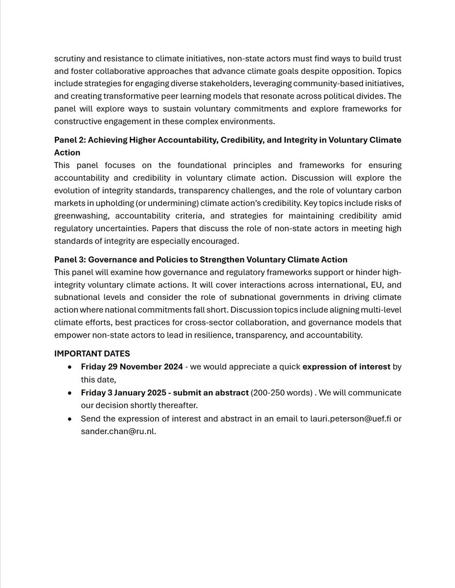 Sander Chan 陈文山 (he/him) 🇺🇦💚🍉 (@sanderchan) on Twitter photo Call for Papers: <a href="/ECPR/">European Consortium for Political Research</a> Conference 2025 – Strengthening Integrity of Voluntary Climate Action
We’re looking for papers on non-state, subnational & transnational #ClimateAction, strengthening integrity, overcoming polarization.
📩 Express interest by 27 Nov Call for Papers: <a href="/ECPR/">European Consortium for Political Research</a> Conference 2025 – Strengthening Integrity of Voluntary Climate Action
We’re looking for papers on non-state, subnational & transnational #ClimateAction, strengthening integrity, overcoming polarization.
📩 Express interest by 27 Nov