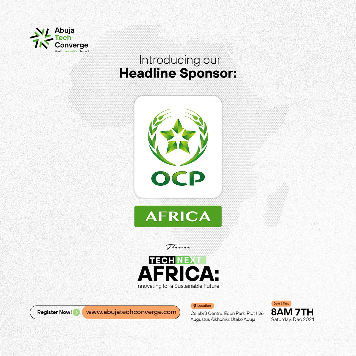 abjtechconverge's tweet photo. Exciting news! We’re thrilled to unveil @OCP_Africa as our headline sponsor for the Abuja Tech Converge 2024. Through #ATC2.0, we are championing a future where technology drives growth across several industries in Africa. https://t.co/gDZ9ERchN0
