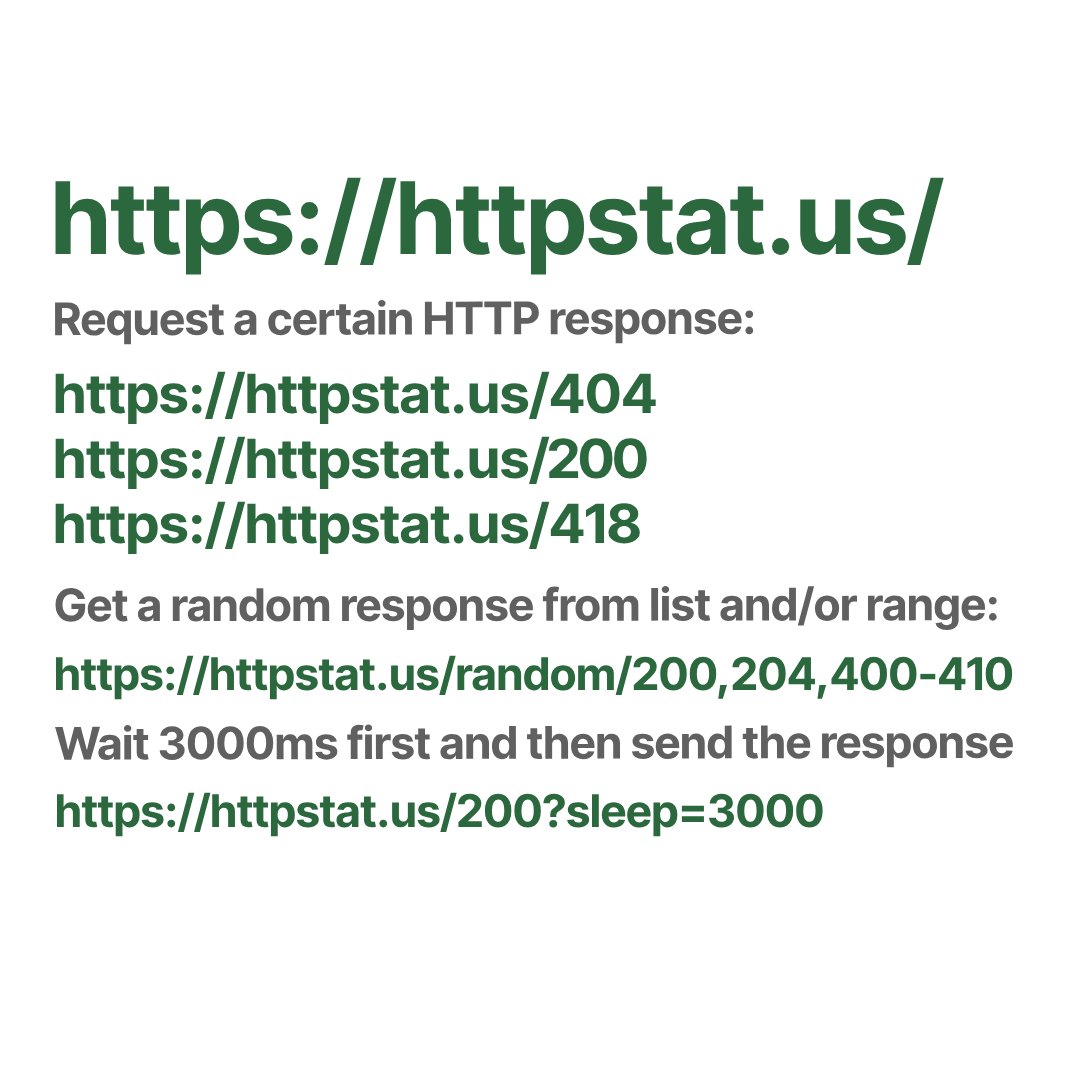 codepo8's tweet image. Just discovered httpstat.us which returns a HTTP response you request. You can request by number, like:
httpstat.us/404
Randomly from a range and/or list:
httpstat.us/random/400-410…
And you can set a timeout in ms:
httpstat.us/200?sleep=3000