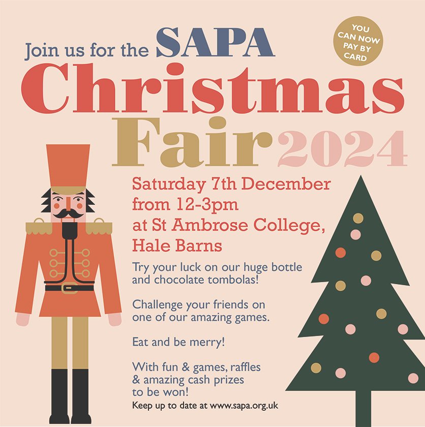 St Ambrose College Christmas Fair (SAPA)   
Sat 7th Dec 12noon-3pm    
Raffle tickets now on sale via our website sapa.org.uk   

Raffle prizes all listed on our website sapa.org.uk   

* Please support our school by buying raffle tickets and sharing this