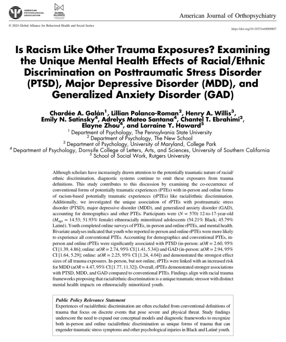 Tarik Endale | ታሪክ እንዳለ (@tarik_endale) on Twitter photo “racism-based potentially traumatic events demonstrated stronger associations with PTSD, MDD and GAD compared to conventional PTEs… racial discrimination is a unique traumatic stressor with distinct impacts on minoritized youth” <a href="/ChardeeGalan/">Chardée Galán</a> <a href="/HeyArtez/">Henry, PhD</a> <a href="/EmilySatinsky/">Emily Satinsky</a> <a href="/itselaynez/">Elayne Zhou, M.S.</a> “racism-based potentially traumatic events demonstrated stronger associations with PTSD, MDD and GAD compared to conventional PTEs… racial discrimination is a unique traumatic stressor with distinct impacts on minoritized youth” <a href="/ChardeeGalan/">Chardée Galán</a> <a href="/HeyArtez/">Henry, PhD</a> <a href="/EmilySatinsky/">Emily Satinsky</a> <a href="/itselaynez/">Elayne Zhou, M.S.</a>