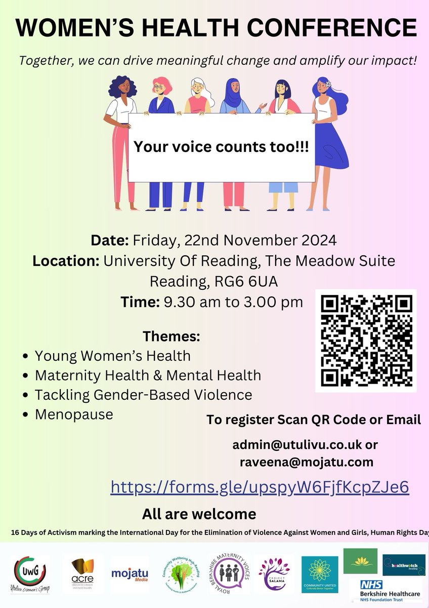 UtulivuRdg's tweet photo. Women health conference on Friday 22nd November 2024 come along to hear about young women health, maternity health, Gender Based Violence and Menopause. Scan QR Code to register please. 
#Utulivu #Acre #Communitywellbeinghubreading #projectsalama #Healthwatch 
#mojatu https://t.co/l2ZB0N9qyv