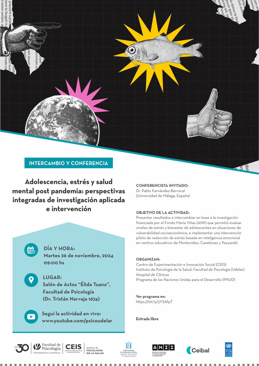 📢 Conferencia sobre adolescencia, estrés y salud mental post pandemia

Un espacio para reflexionar sobre este tema en jóvenes y las oportunidades para la intervención.

📅 26/11, 9:00 h
📍 Fac. de Psicología (Tristán Narvaja 1674)
Programa🔗 bit.ly/3YSAfpT

#SaludMental